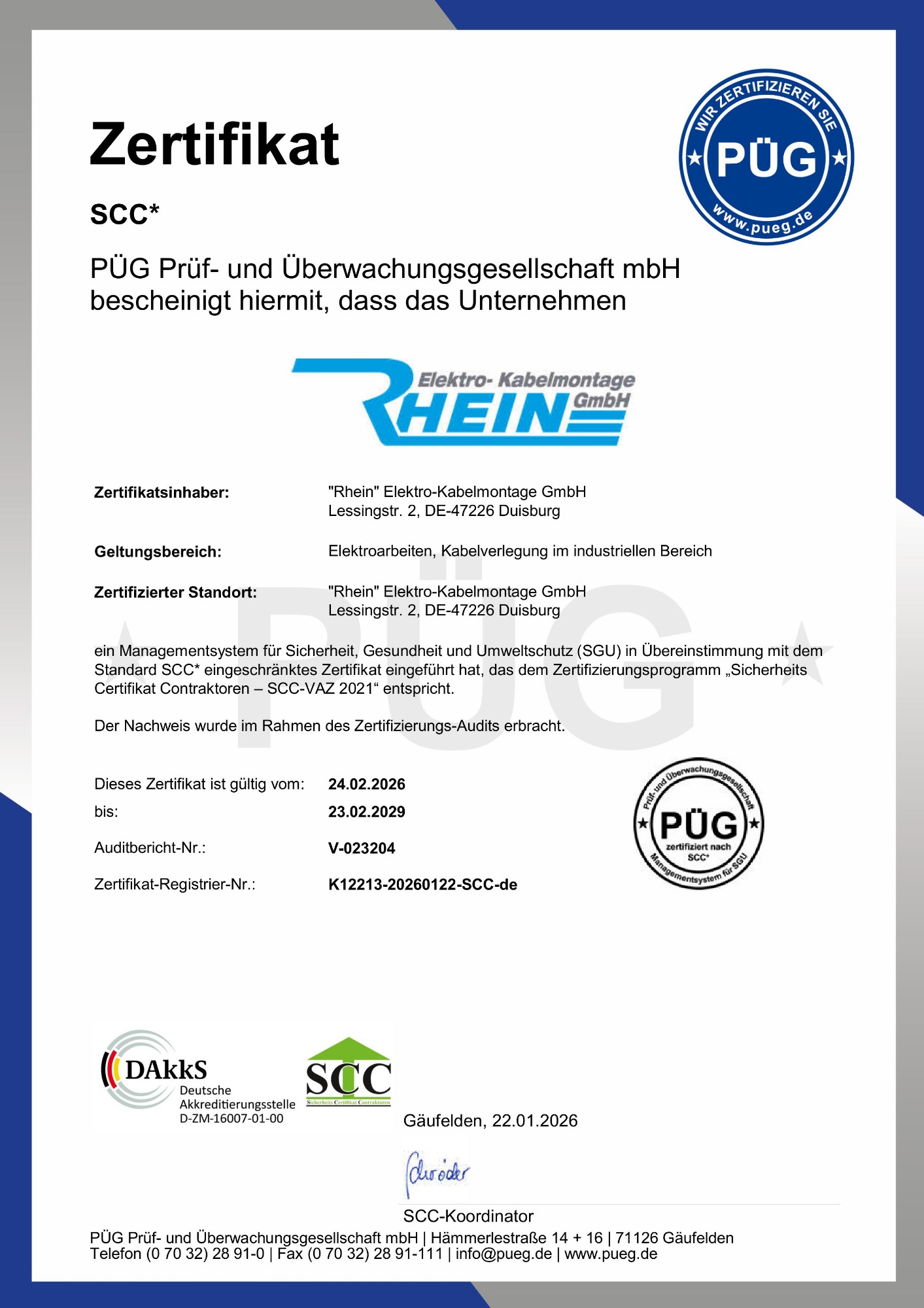 SCC-Zertifikat der Rhein Elektro-Kabelmontage GmbH